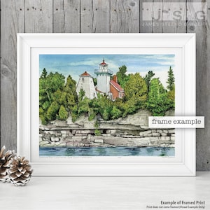 Sherwood Point Lighthouse Door County Wisconsin Pen, Ink and Watercolor Art Print by James Steeno (Door County) Door County Watercolor