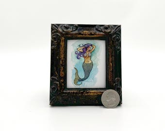 Mermaid Swimming Framed Miniature Watercolor Art Print by James Steeno Mini Art, Small Art, Tiny Art, Nautical Art, Marine Art, Mythology
