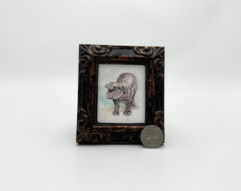 Pygmy Hippo Framed Miniature Watercolor Art Print by James Steeno Mini Art, Small Art, Tiny Art, Miniature Art, Cute Baby Animal, Animal Art