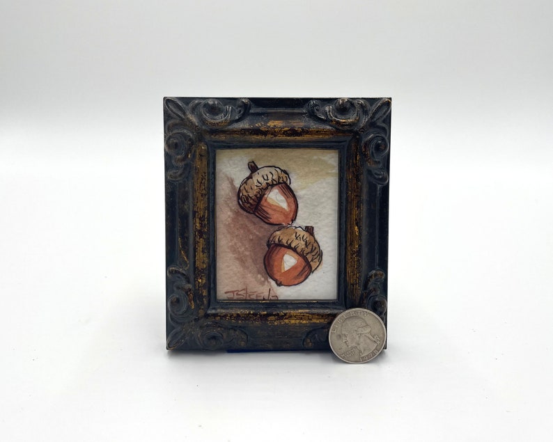 Acorns Framed Miniature Watercolor Art Print by James Steeno Mini Art, Small Art, Tiny Art, Fall Art Antique Brown Frame