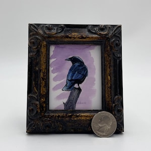 Kraai ingelijste miniatuur aquarelkunstdruk door James Steeno Minikunst, kleine kunst, kleine kunst, vogelkunst