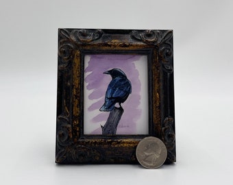 Crow Framed Miniature Watercolor Art Print by James Steeno Mini Art, Small Art, Tiny Art, Bird Art