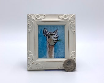 Llama Framed Miniature Watercolor Art Print by James Steeno Mini Art, Small Art, Tiny Art, Animal Art