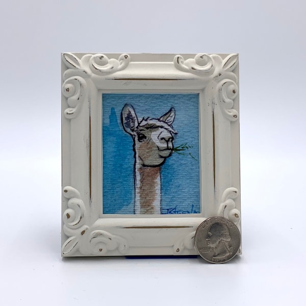 Llama Framed Miniature Watercolor Art Print by James Steeno Mini Art, Small Art, Tiny Art, Animal Art