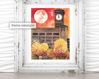 Milwaukee Moons Walker's Point, Milwaukee, Wisconsin Watercolor Art Print by James Steeno (Allen-Bradley Clock Tower Rockwell Automation)
