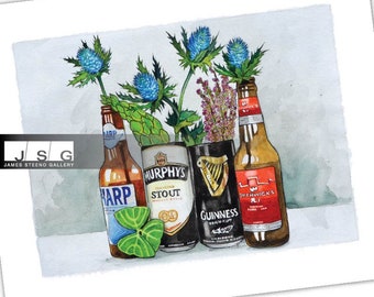 Irish Beer Garden Watercolor Art Print by James Steeno St Patricks Day Gift