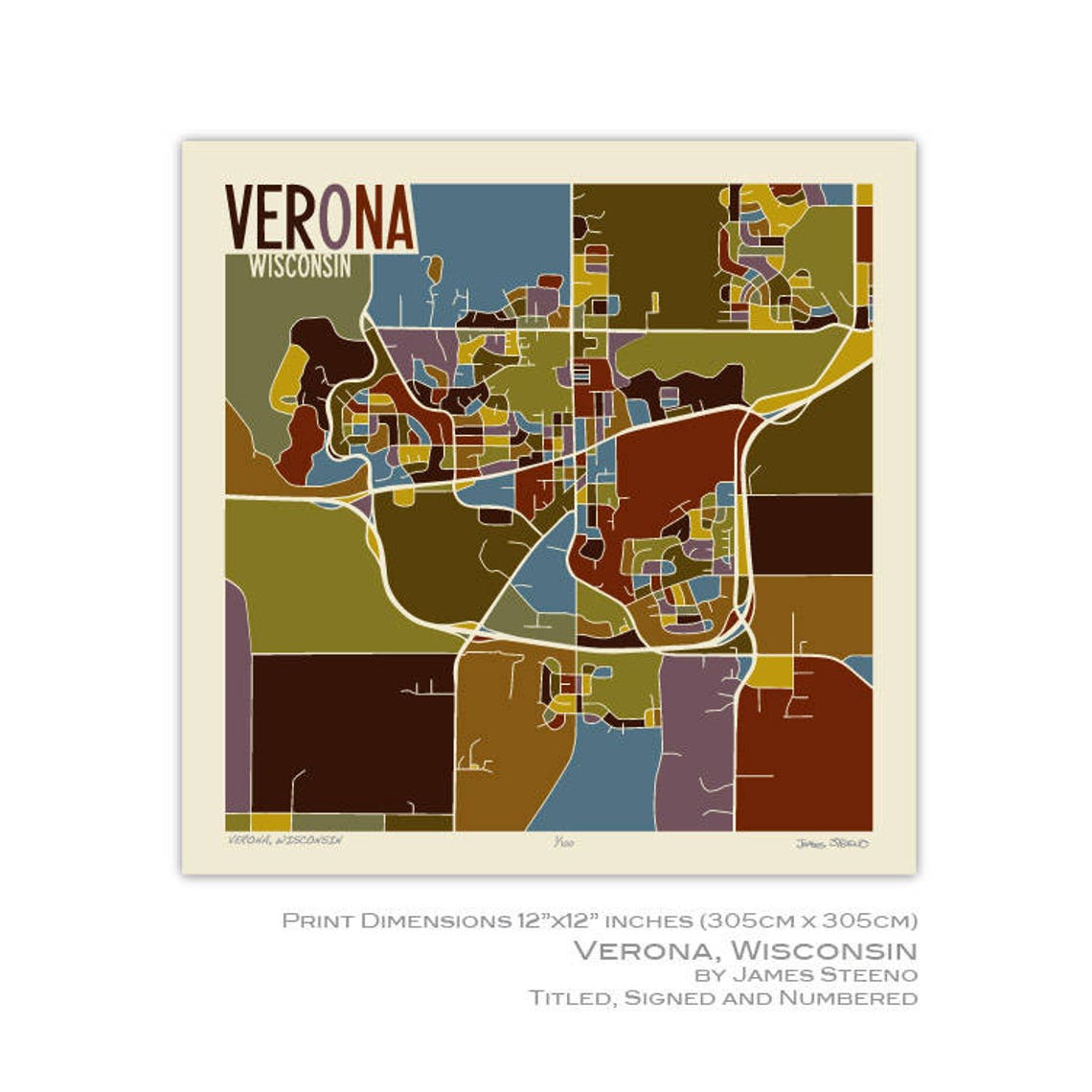 Verona Wisconsin Art Map Print dane County by James Steeno Etsy