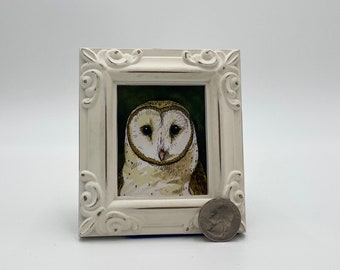 Barn Owl Framed Miniature Watercolor Art Print by James Steeno Mini Art, Small Art, Tiny Art, Bird Art, Raptor Art