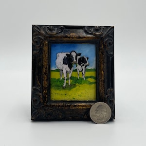 Holsteinkoeien ingelijste miniatuur aquarel Art Print door James Steeno Mini Art, kleine kunst, kleine kunst, boerderijkunst, koe, vee, rundvlees