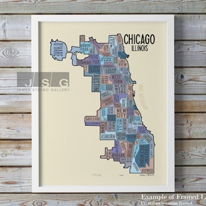 Typographie des quartiers de la communauté de Chicago, Illinois, impression d'art du plan de la ville par James Steeno