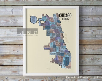 Chicago, Illinois Community Neighborhoods Typography City Map Art Print by James Steeno