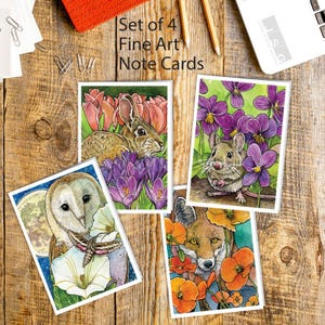 Conjunto de 4 cartões de agradecimento em aquarela Flora e Fauna, de James Steeno, cartões de felicitações botânicos, em branco, dentro de todos os cartões para ocasiões especiais (raposa, coruja)