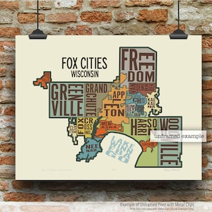 Fox Cities Wisconsin typografie kaart Art Print door James Steeno (Fox Valley, Appleton, Neenah, Menasha, Kaukauna, Lake Winnebago, Grand Chute)