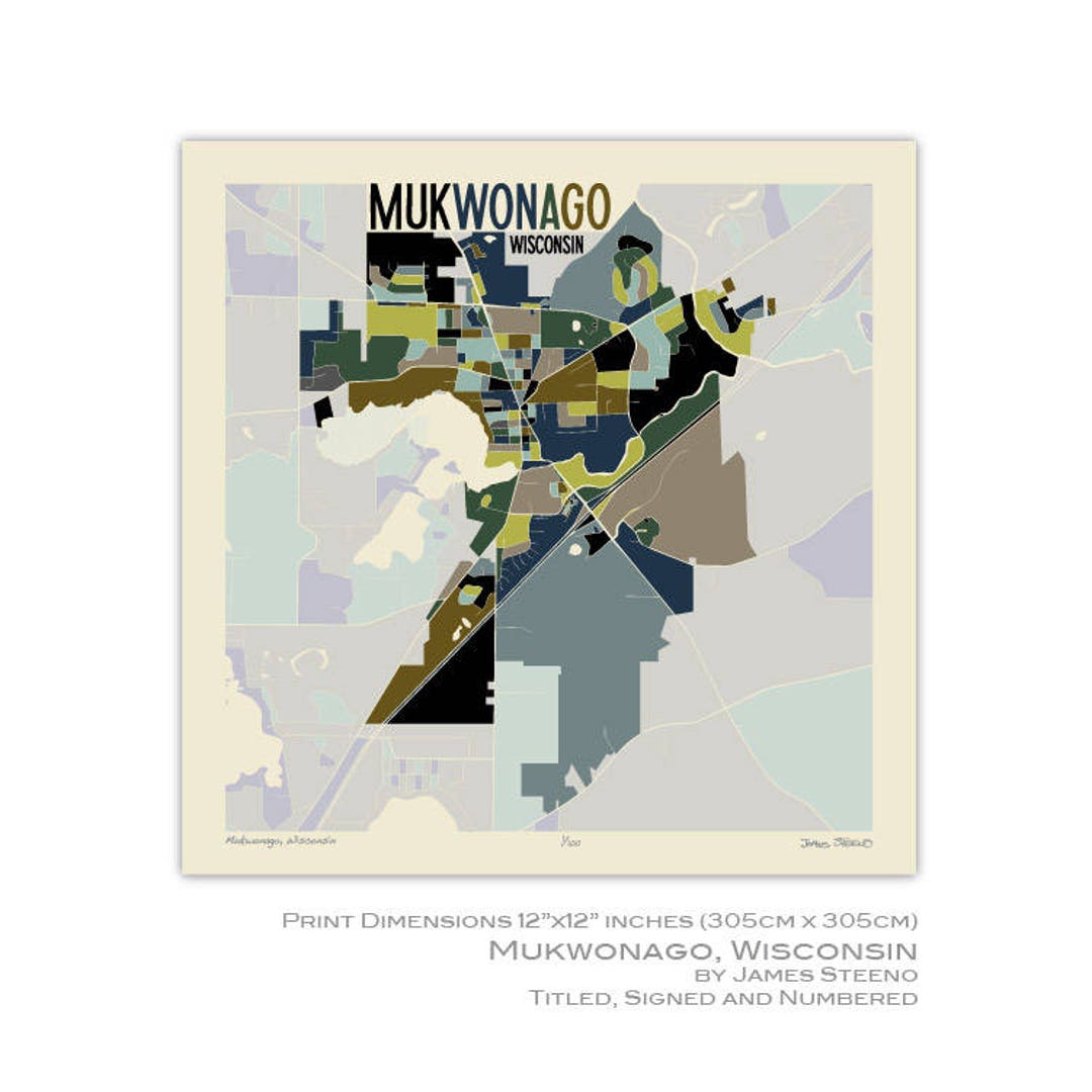Mukwonago, Wisconsin City Art Map Print by James Steeno waukesha County