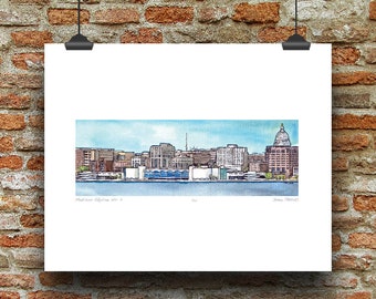 Madison Wisconsin Skyline No 3 (Lake Monona View) Pen, Ink and Watercolor Art Print by James Steeno (Dane County)