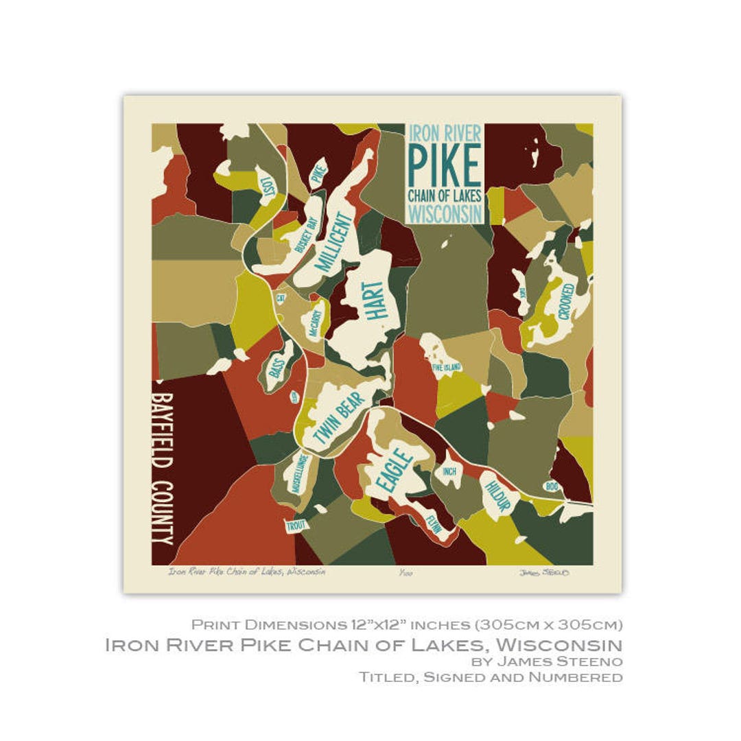 Iron River Pike Chain of Lakes, Wisconsin Art Map Print bayfield County