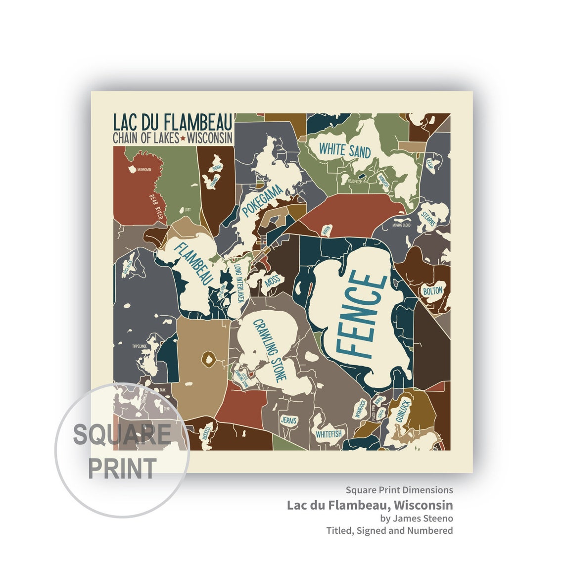 Lac Du Flambeau Chain of Lakes Wisconsin Art Map Print by Etsy