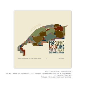 Porcupine Mountains – Upper Peninsula, Michigan Art Map Print (UP) (Lake Superior) door James Steeno