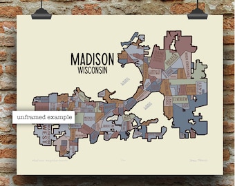 Madison Wisconsin Neighborhoods Typography Map Art Print by James Steeno (Dane County WI)