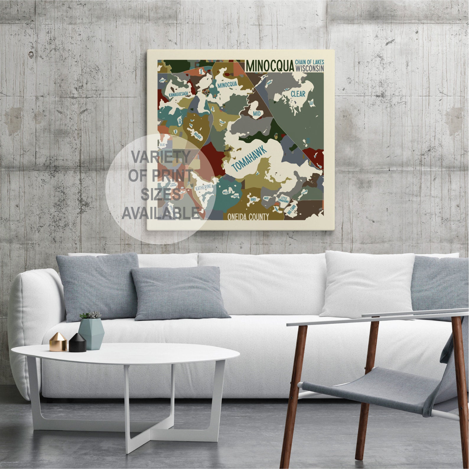 Minocqua Chain of Lakes Wisconsin Art Map Print oneida Etsy