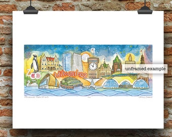 Milwaukee Wisconsin City Landmarks Mash-Up No. 3 Watercolor Art Print by James Steeno