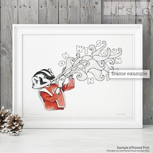Stampa artistica con penna, inchiostro e acquerello Wisconsin Badger che suona il trombone di James Steeno