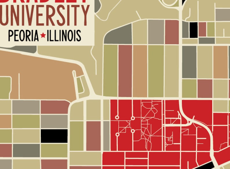 Bradley University Peoria Illinois Campus Art Map Print Etsy