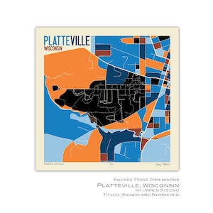 Impression de carte artistique du campus universitaire de Platteville, Wisconsin par James Steeno (comté de Grant)