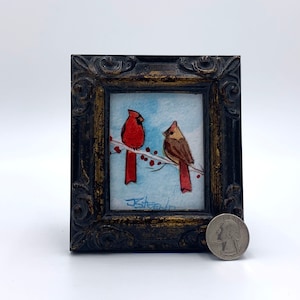 Cardinal Couple Framed Miniature Watercolor Art Print by James Steeno Mini Art, Small Art, Tiny Art, Bird Art, Cardinal Pair