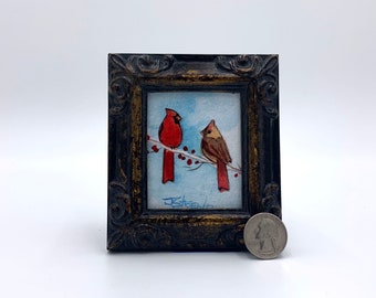 Cardinal Couple Framed Miniature Watercolor Art Print by James Steeno Mini Art, Small Art, Tiny Art, Bird Art, Cardinal Pair