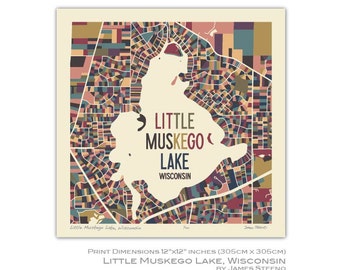 Little Muskego Lake, Wisconsin Art Map Print (Waukesha County) by James Steeno