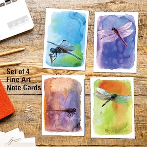 Conjunto de 4 cartões comemorativos com arte de libélula em aquarela por James Steeno Obrigado em branco dentro de todos os cartões de ocasião