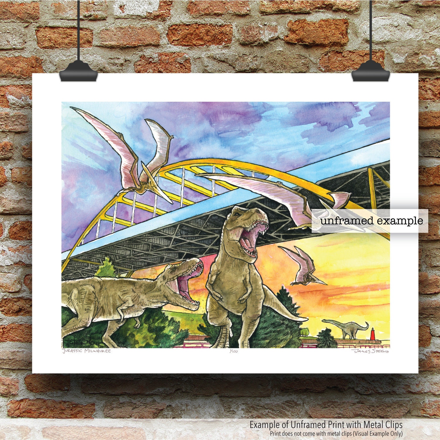 Jurassic Milwaukee Pen, Ink and Watercolor Art Print by James Steeno (Milwaukee County) Hoan Bridge Milwaukee Wisconsin