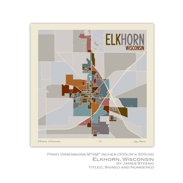 Elkhorn Wisconsin Art Map Print Walworth County by James Etsy