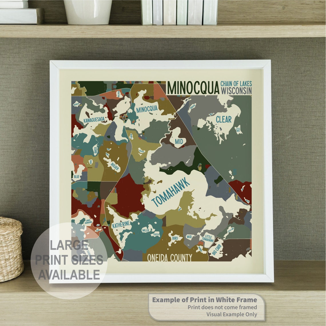 Minocqua Chain of Lakes Wisconsin Art Map Print oneida Etsy