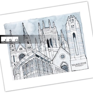 Marquette University Campus Mash-Up Pen Ink and Watercolor Art Print by James Steeno (Milwaukee, Wisconsin)