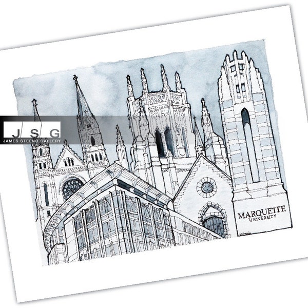 Marquette Campus Landmarks Mash-Up Pen Ink and Watercolor Art Print by James Steeno (Milwaukee, Wisconsin)