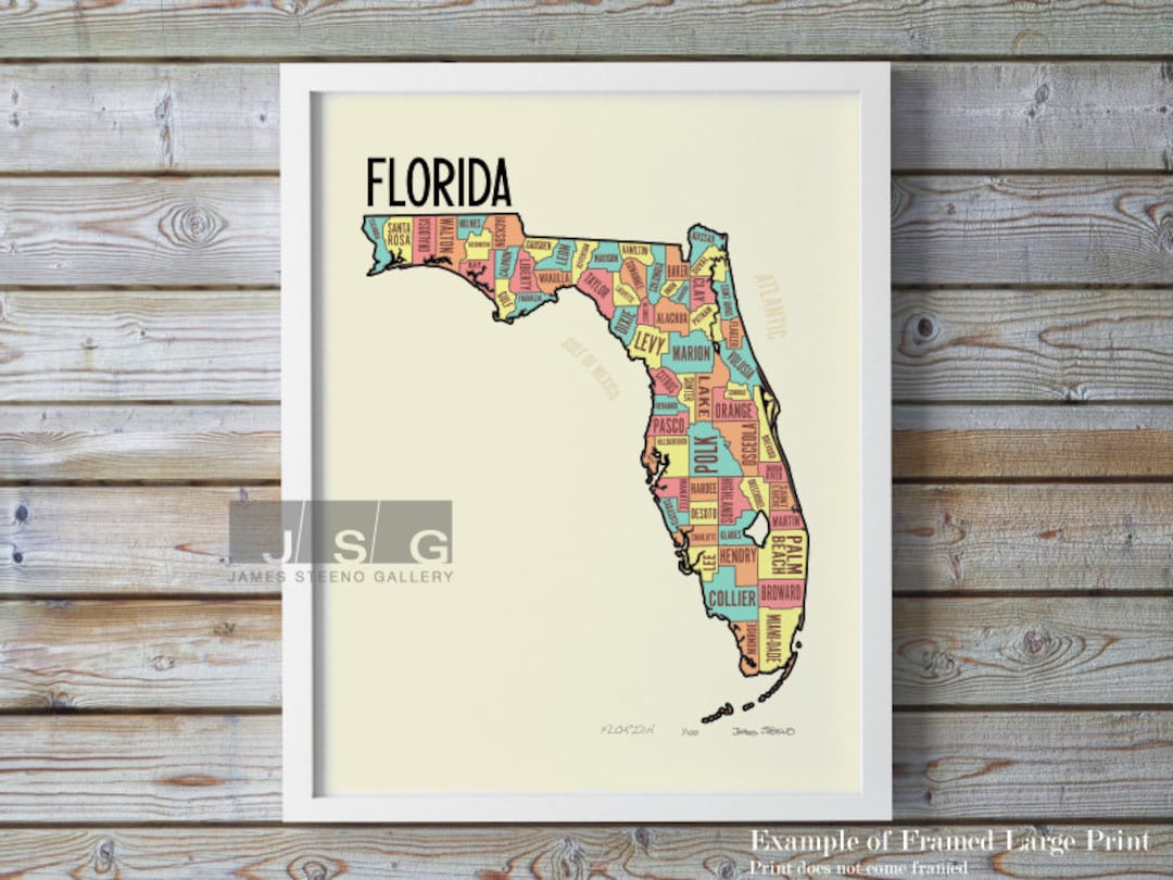 Florida State Typography County Map Art Print by James Steeno (FL ...