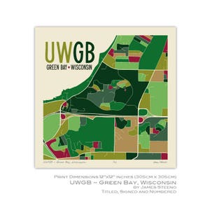 UWGB - Impression de carte artistique du campus universitaire de Green Bay, Wisconsin par James Steeno (comté de Brown)