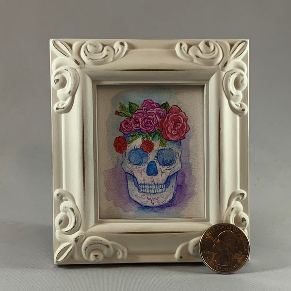 Sugar Skull Framed Miniature  Watercolor Art Print by James Steeno Mini Art, Small Art, Tiny Art, Anatomy, Human Skull, Calavera