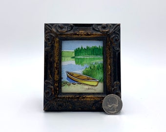 Canoe Framed Miniature Watercolor Art Print by James Steeno Mini Art, Small Art, Tiny Art, Boat Art, Nautical Art, Coastal