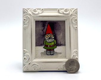 Garden Gnome Framed Miniature Watercolor Art Print by James Steeno Mini Art, Small Art, Tiny Art, Garden Art
