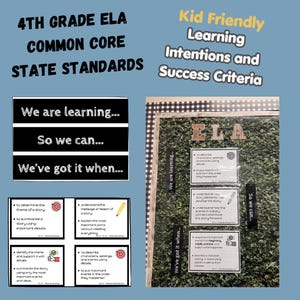 May include: A 4th grade ELA Common Core State Standards educational display set featuring black and white signs with text including We are learning, So we can, and We've got it when. The set includes instructional cards with icons and text.