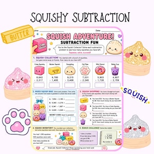 May include: A colourful educational worksheet titled SQUISHY SUBTRACTION and SQUISH ADVENTURE! SUBTRACTION FUN. It features maths problems with cute illustrations of a cube, butter, dumpling, cat paw, donut, and boba cup, plus text prompts for solving.