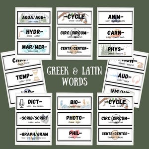 May include: Flashcards displaying Greek and Latin word roots. Each card shows a root word, its origin, and a short definition. The cards are set against a green backdrop, suitable for educational use.