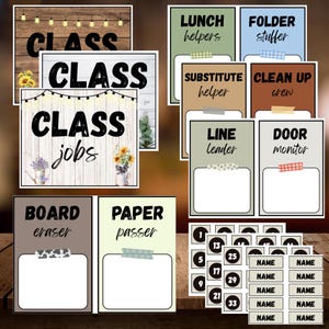 Bearbeitbare moderne Bauernhaus-Klassenzimmerstellen | Druckbare Job Cards & nummerierte Etiketten