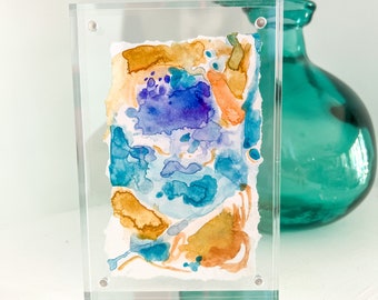 4x6” Cebu Island Waterfall- Watercolor and Acrylic on Torn Paper in Acrylic Free Standing Frame- Original Artwork