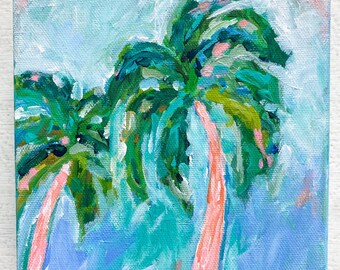 6x6” Florida Palms in Blue- Impressionist Acrylic on Canvas Original Artwork