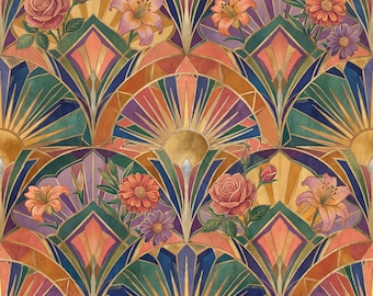 Art Deco Floral Seamless Pattern | Stained Glass Gold Effect Digital Paper (Digital Download)
