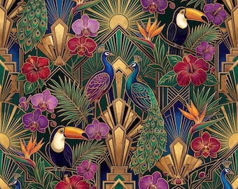 Art Deco Peacock Tropical Pattern, Emerald Gold Floral Toucan, Seamless (Digital Download)